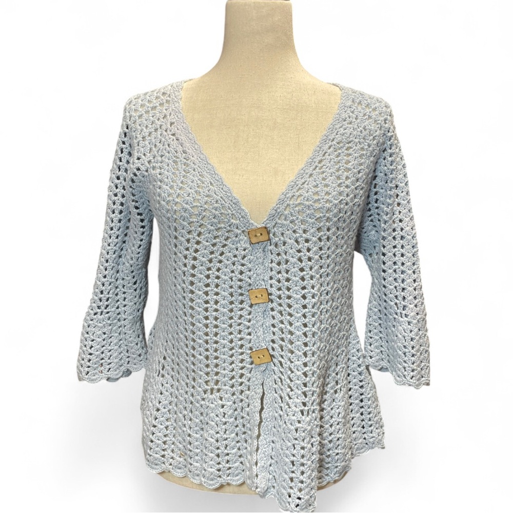 Vintage Windridge Baby Blue Open Knit Crochet Cardigan Scalloped Hem Bell Sleeve